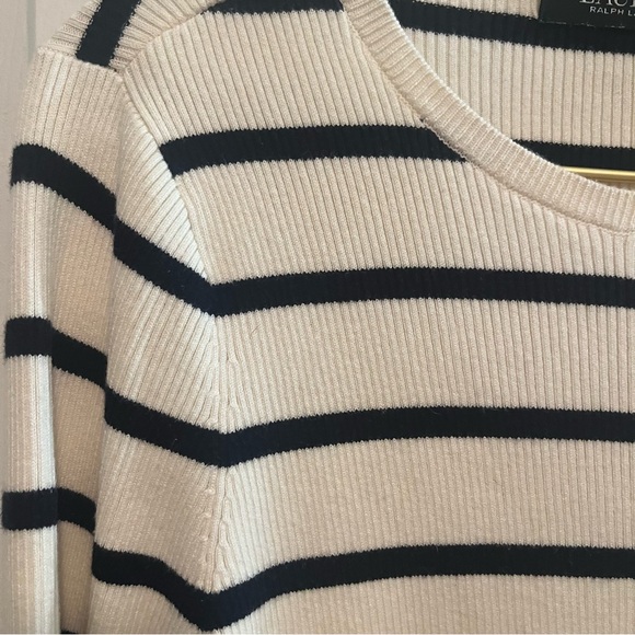 Lauren Ralph Lauren Cream Black Striped Ribbed Knit Crewneck Slim Fit L Classic - Picture 5 of 8
